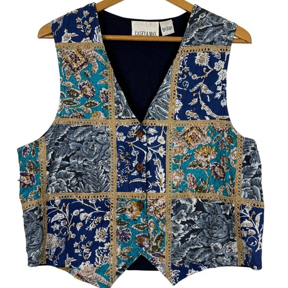 Vtg Casey & Max Button Up Patchwork Vest Sz Large Beaded Cotton Floral Blue Gold - Picture 1 of 12